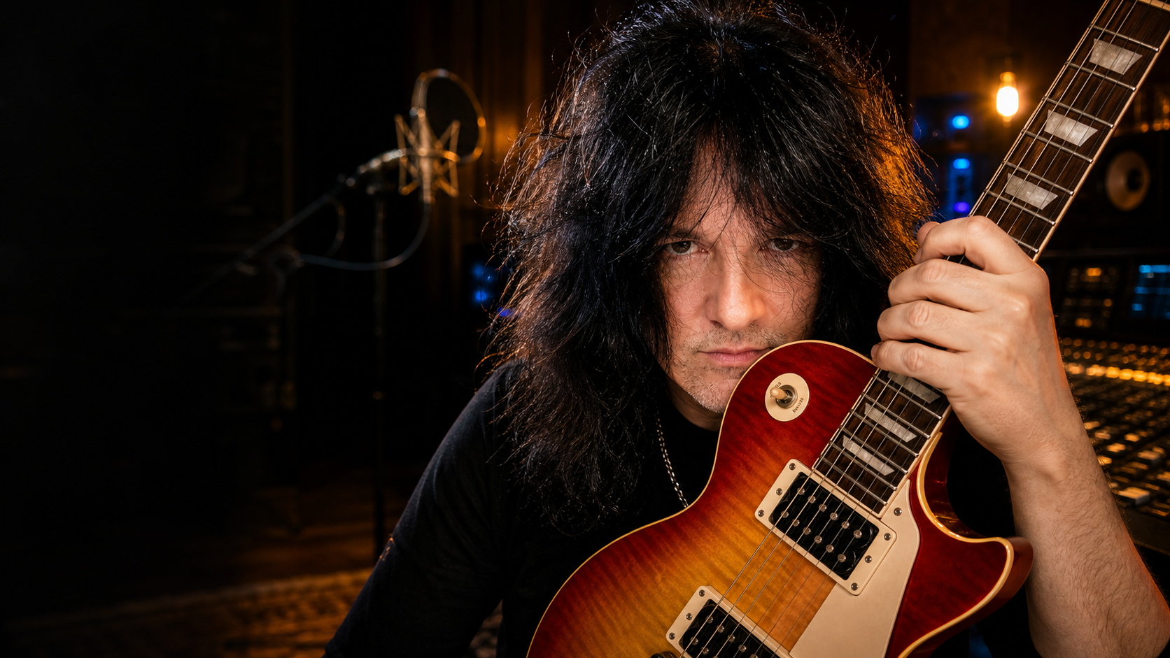 Benny Doro holding a right-handed guitar in a recording studio