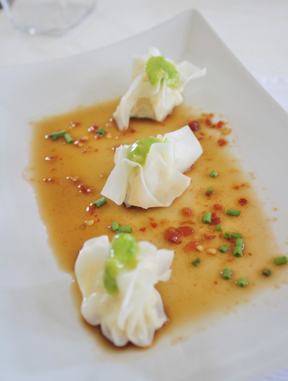 Chicken Club Dumplings with Chive Pesto and Spicy Sauce