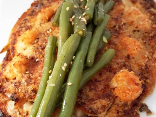 Roasted Branzino with bacon shrimp and french beans (Custom)