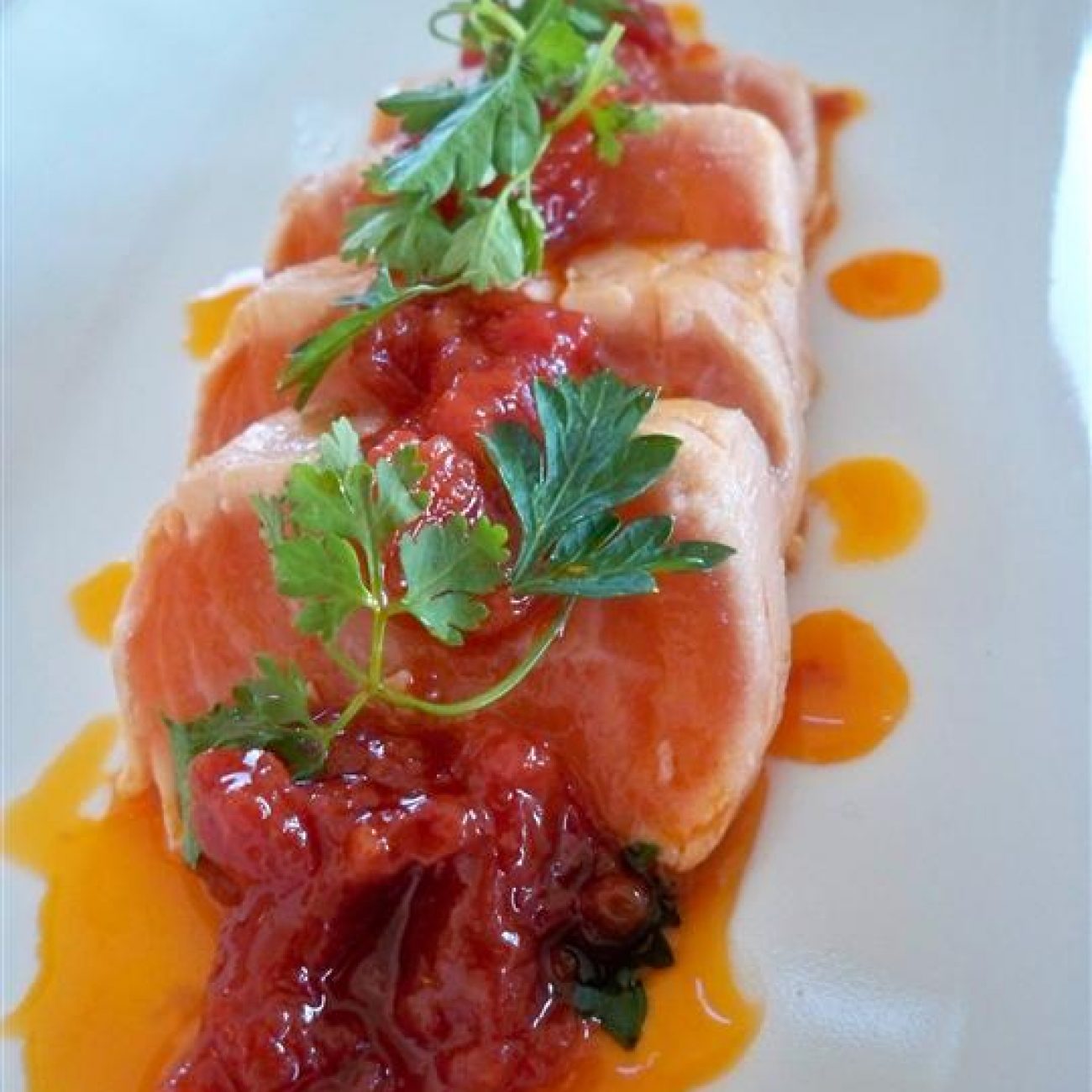 Seared Salmon with Tomato compote and fresh herbs