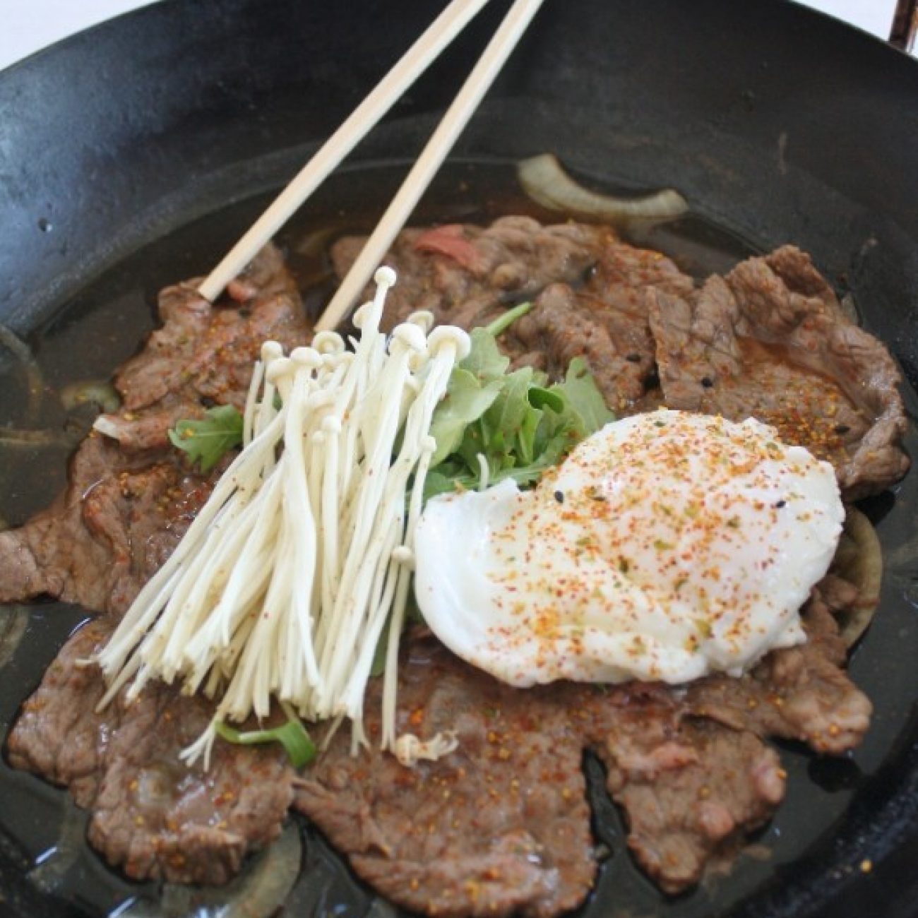 Beef Sukiyaki with Poached Egg and Enoki Mushrooms