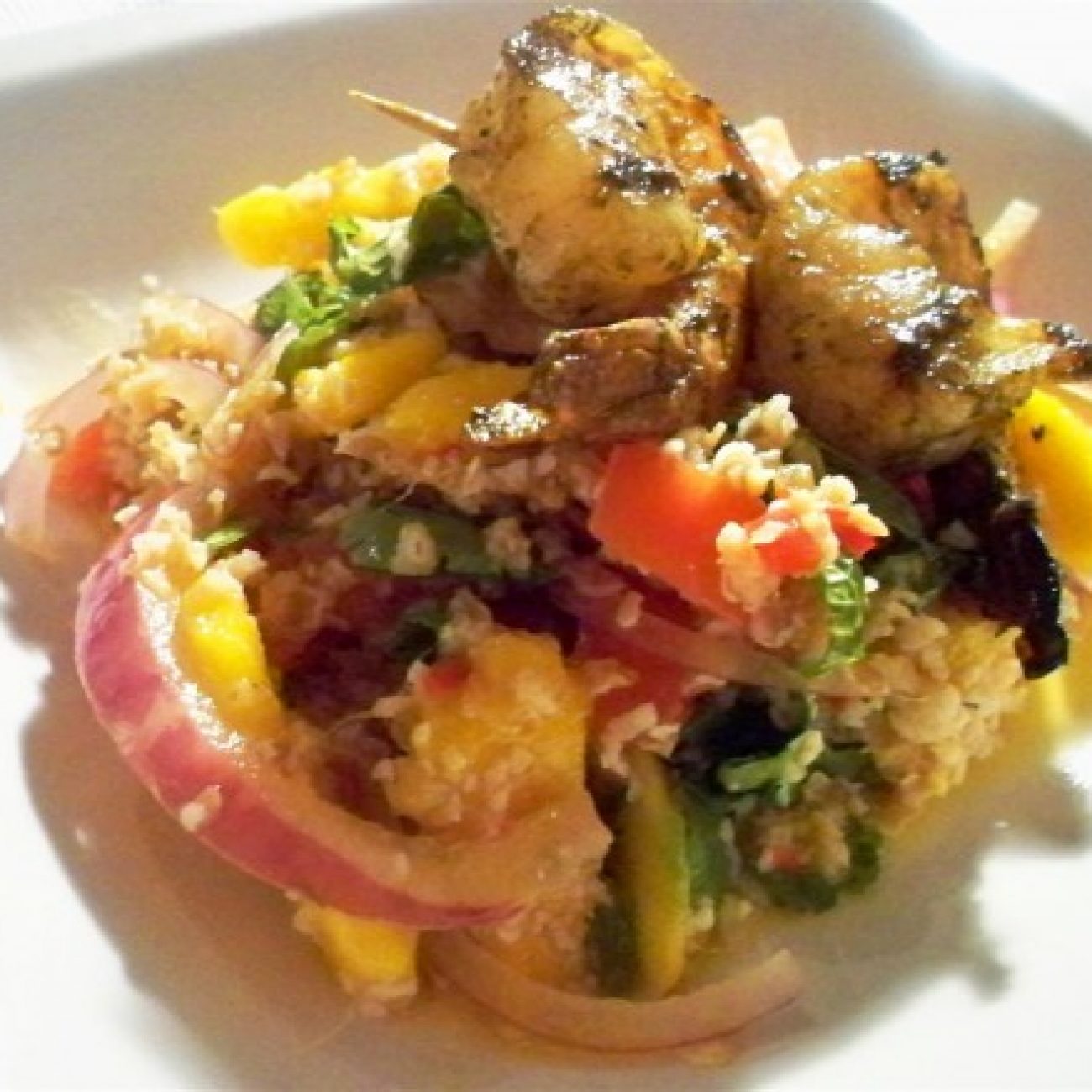 Mango and Bulgur wheat with curried bbq shrimp