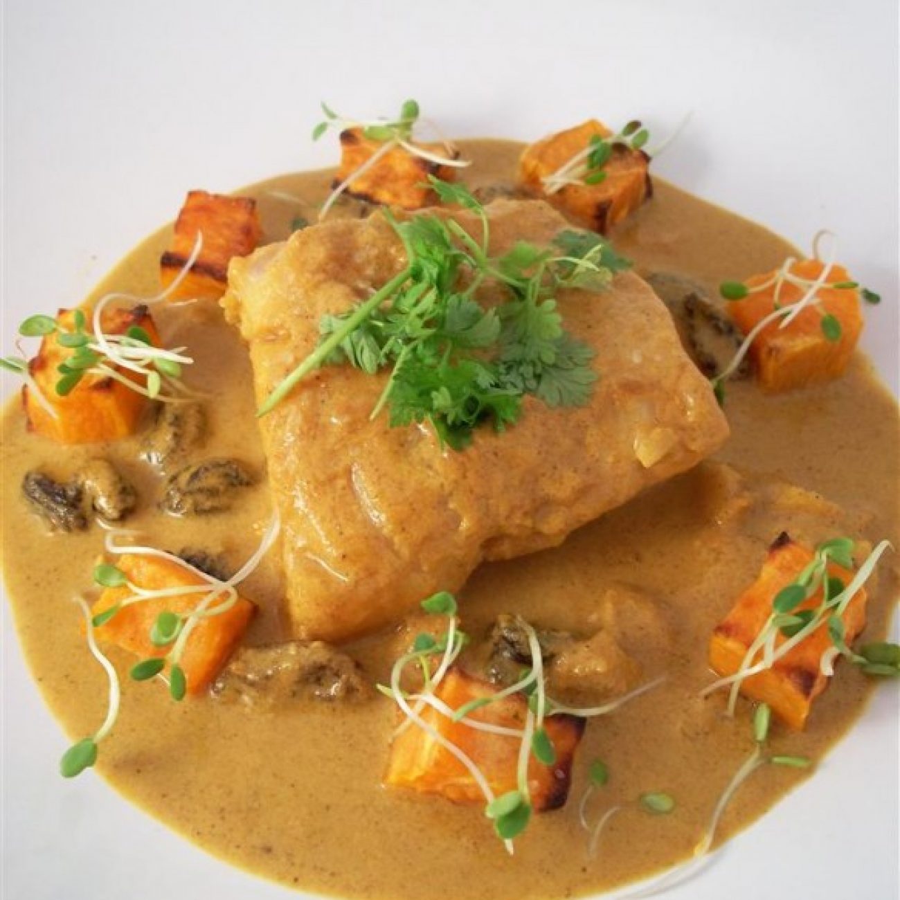 Cod in coconut curry with sweet potato