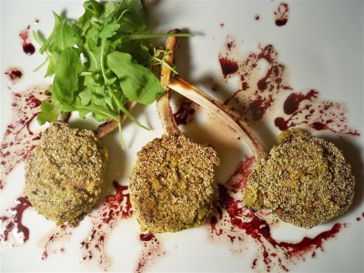Lamb with basil polenta crust and red wine bernaise (Custom)