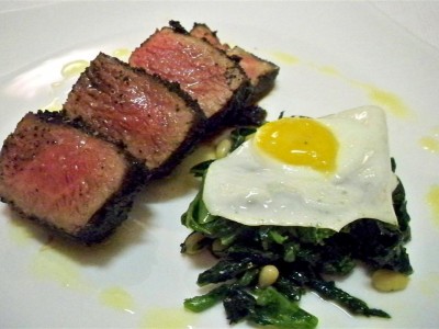 Coffee Rub Rib Eye with Chinese Broccoli and Quail Egg (Custom)