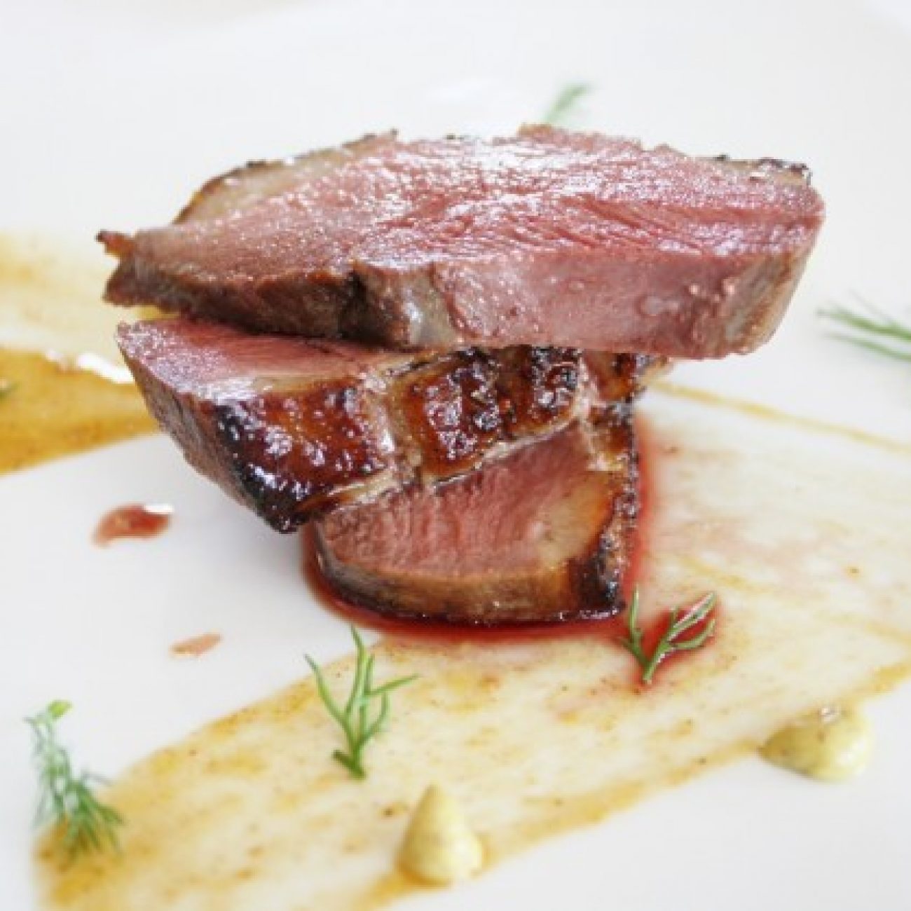 Duck Breast with Tangerine Miso five spice glaze and stadium mustard