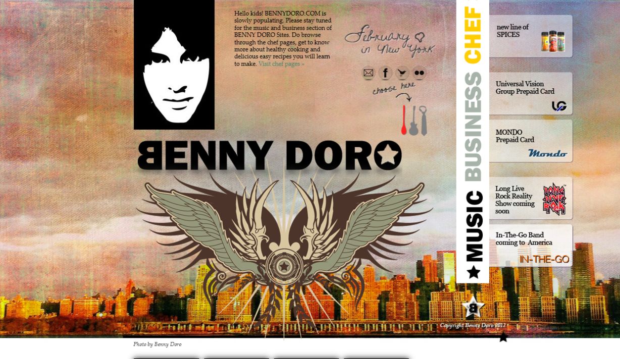 First Benny Doro website with New York skyline, portrait, and Music, Business, and Chef navigation